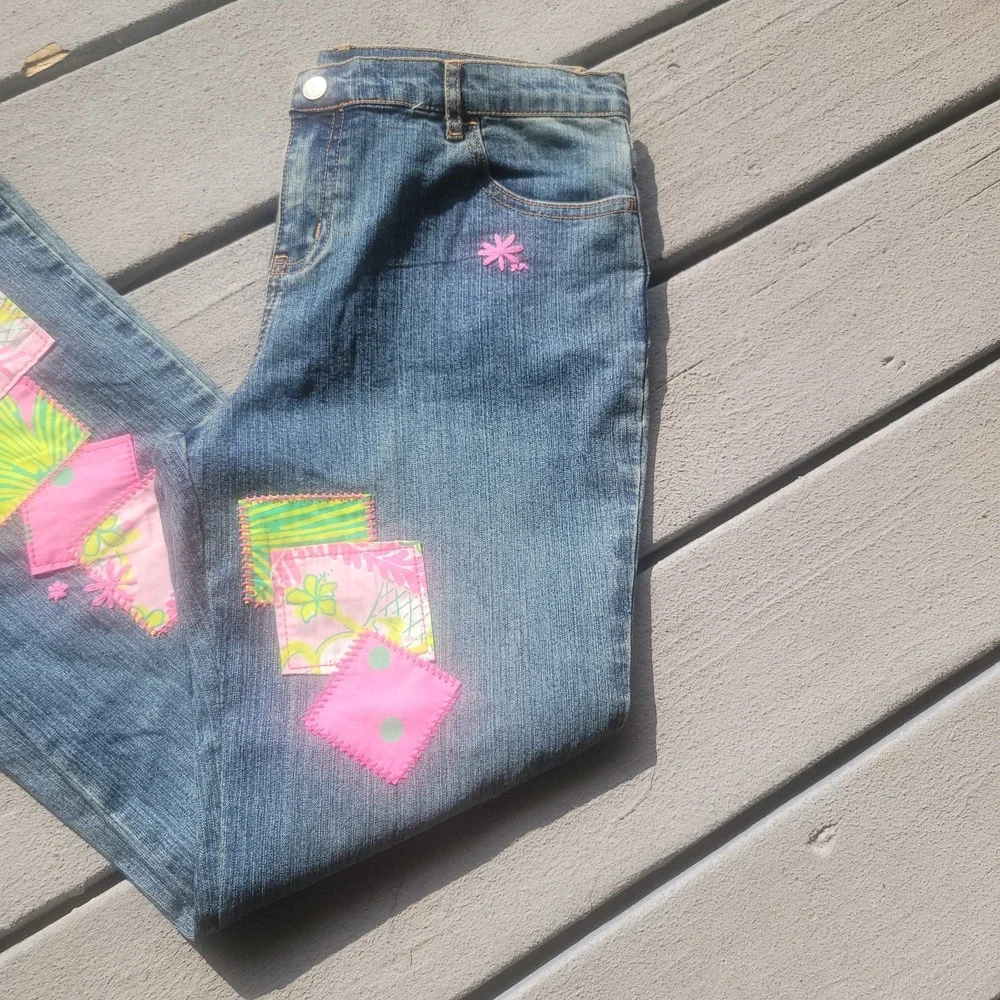 RARE Lilly Pulitzer Little Girl's Fabric Patchwork Embroidered Jeans 14 EUC